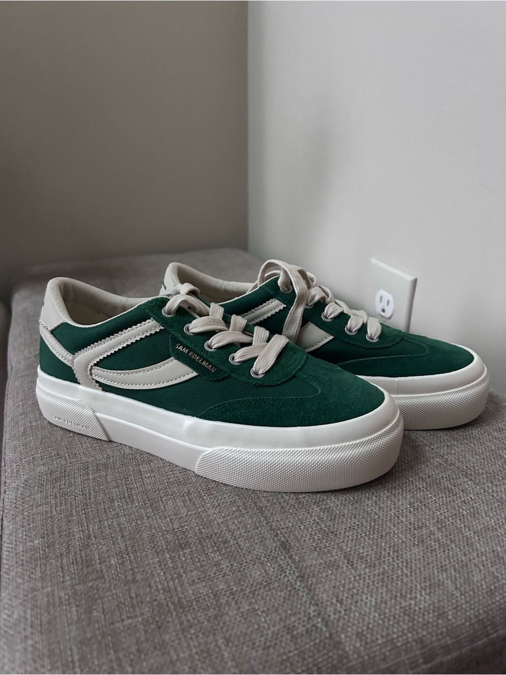 Sam Edelman Green Suede Platform Sneakers with Cream Accents- Never Worn
